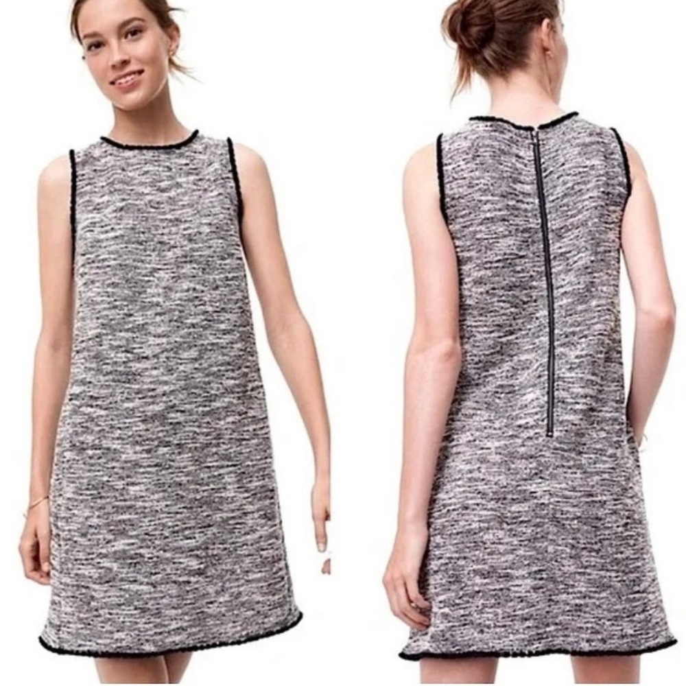 LOFT Tweed Sleeveless Fringe Trim Shift Dress